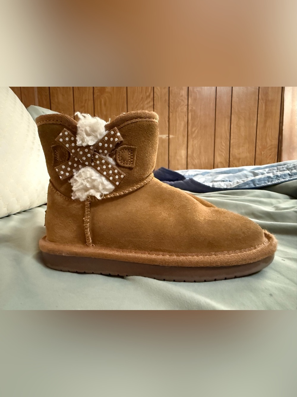 Kids kookaburra by Ugg Tan Suede Winter Boot with Fleece and Bow Accent